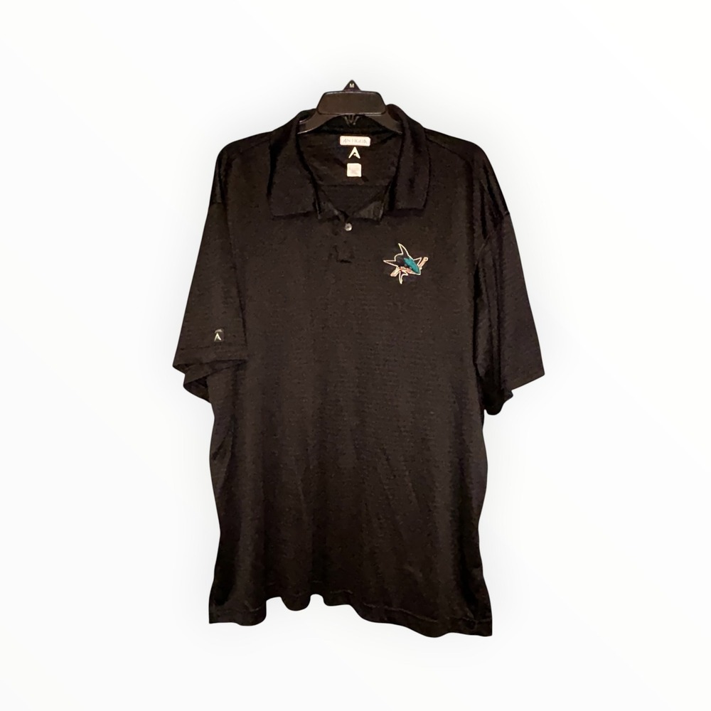 Antigua San Jose Sharks NHL Polo Shirt Mens XXL Black Short Sleeve Micro Stripe
